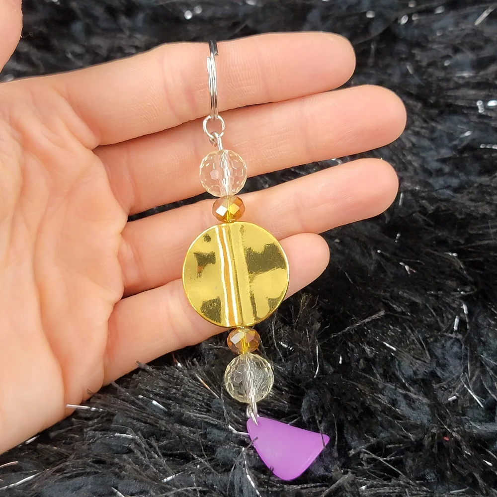 Handmade Gold & Violet Charm Keychain Bag Charm Crystal Beaded Accessory